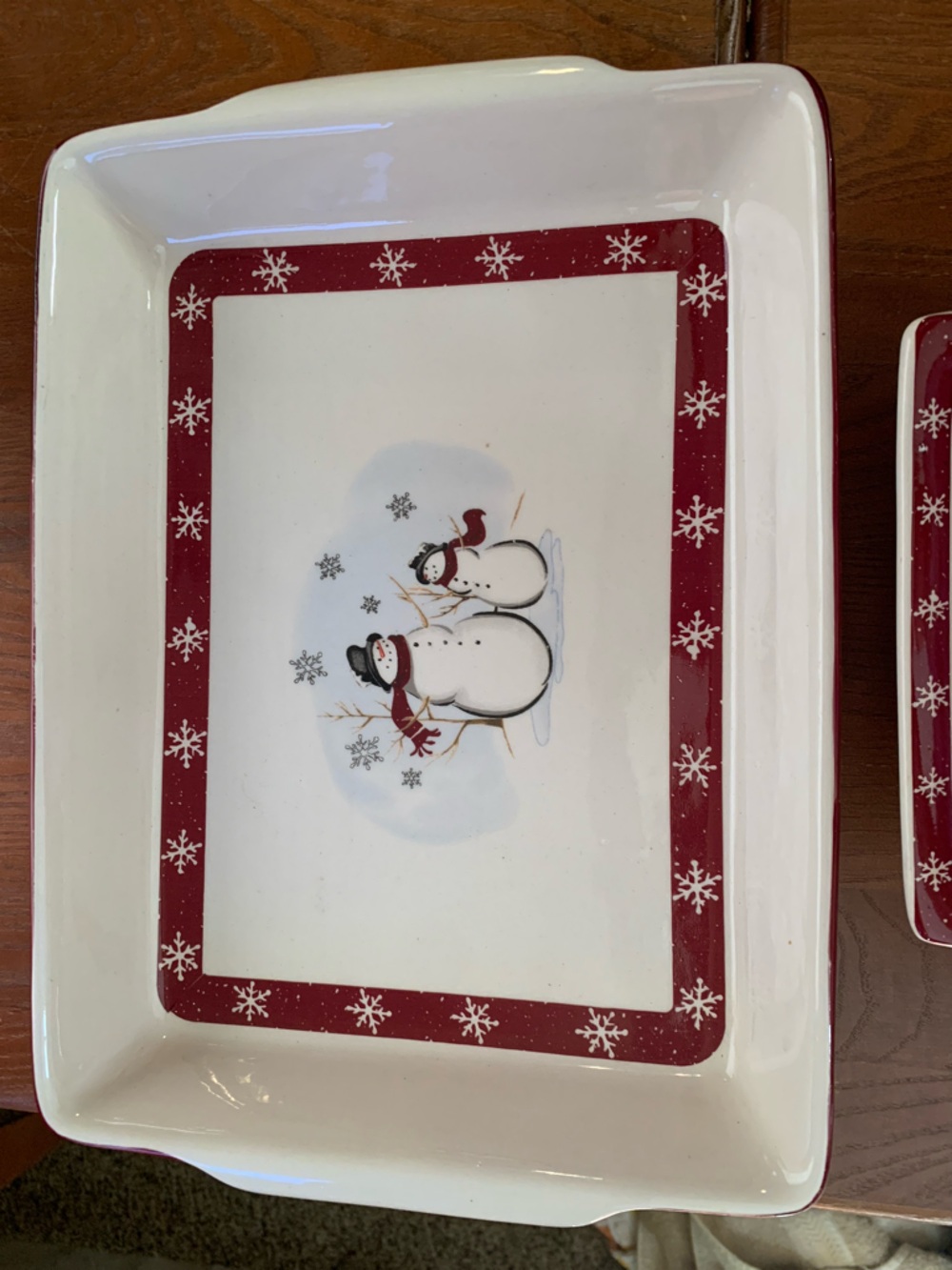 Vintage Royal Seasons Stoneware Casserole Baking Dish Snowman Motif 13 x 9